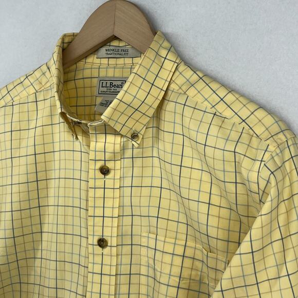 LL BEAN Shirt Mens M Wrinkle Resistant Twill Check Button Down Cotton Yellow - Picture 2 of 15